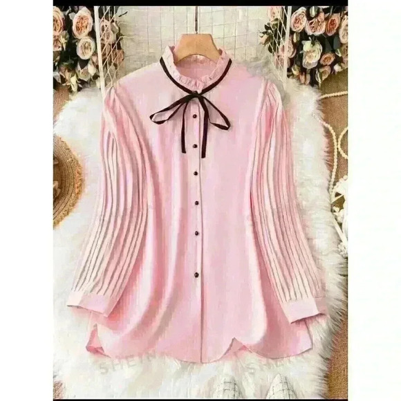 SheIn Tops - Shein LUNE Plus Tie Neck Pleated Detail Frill Trim Neck Puff Sleeve Shirt